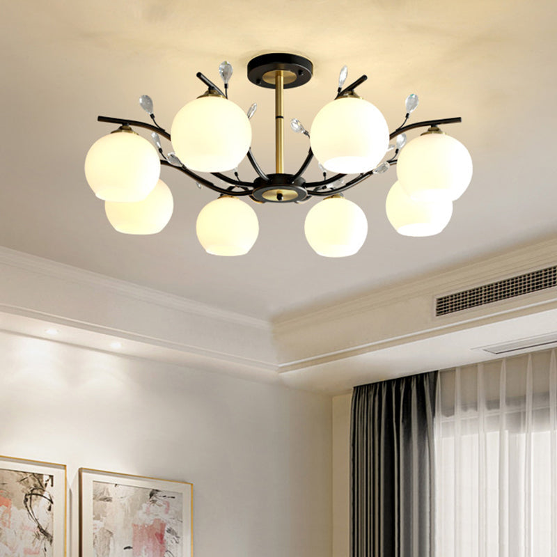 Modernist Semi Flush Mount Ceiling Light - Cream/Clear Glass - Black and Gold - Crystal Accent - 8-Bulb