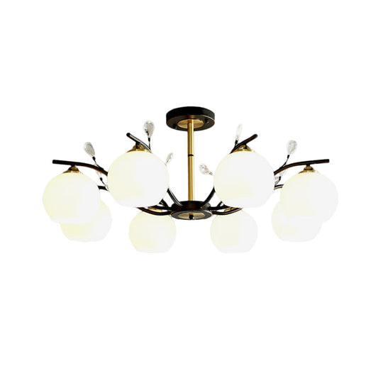 Modernist Semi Flush Mount Ceiling Light - Cream/Clear Glass - Black and Gold - Crystal Accent - 8-Bulb