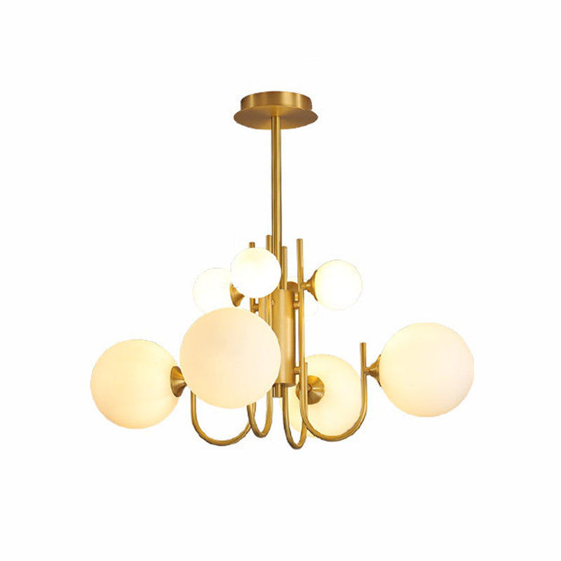 Frosted White Glass Sphere Pendant Light with Brass Finish - Designer 8-Light Chandelier