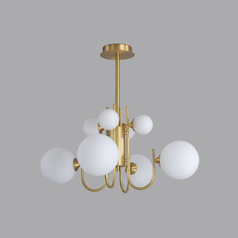 Frosted White Glass Sphere Pendant Light with Brass Finish - Designer 8-Light Chandelier