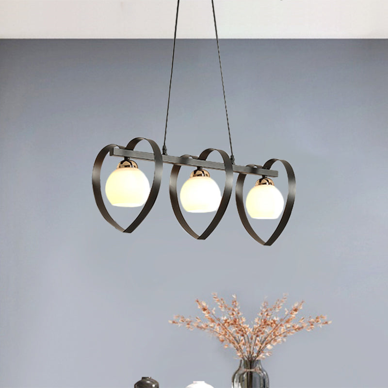 Contemporary Opal Glass Island Lighting - 3/4 Lights White/Black Hanging Ceiling Lamp With Heart