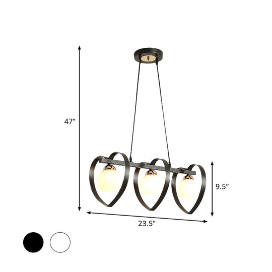 Contemporary Opal Glass Island Lighting - 3/4 Lights White/Black Hanging Ceiling Lamp With Heart