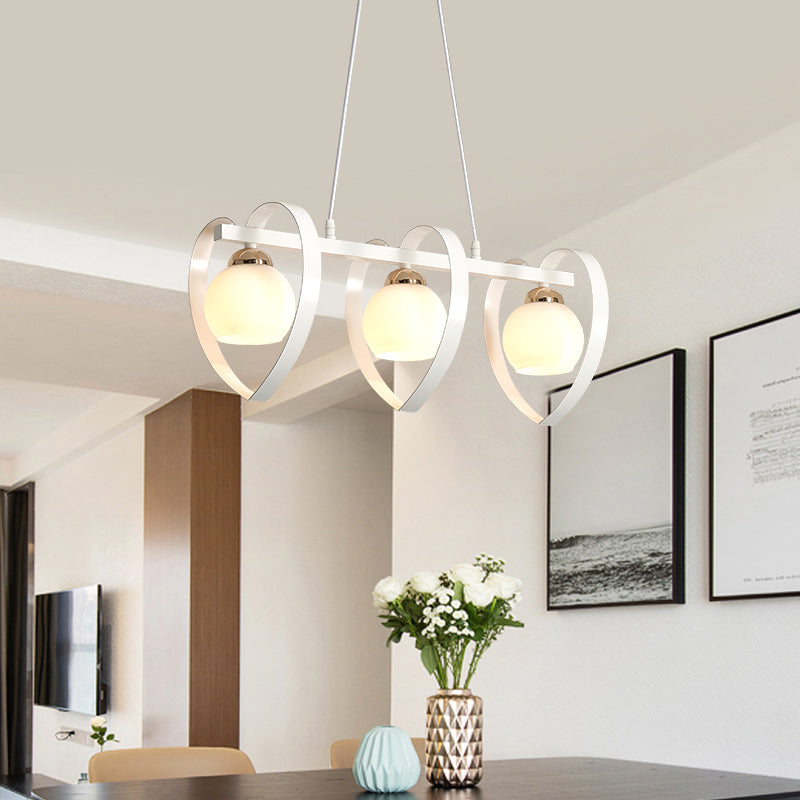 Contemporary Opal Glass Island Lighting - 3/4 Lights White/Black Hanging Ceiling Lamp With Heart