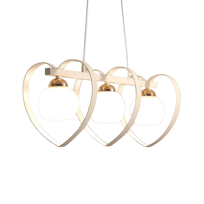 Contemporary Opal Glass Island Lighting - 3/4 Lights White/Black Hanging Ceiling Lamp With Heart