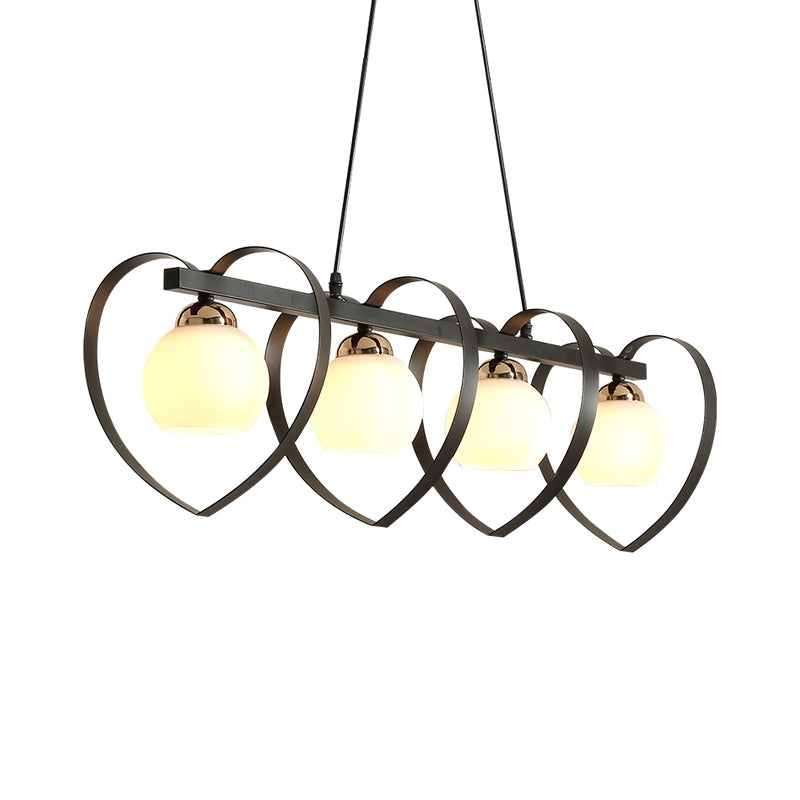 Contemporary Opal Glass Island Lighting - 3/4 Lights White/Black Hanging Ceiling Lamp With Heart