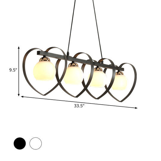 Contemporary Opal Glass Island Lighting - 3/4 Lights White/Black Hanging Ceiling Lamp With Heart