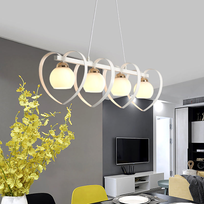 Contemporary Opal Glass Island Lighting - 3/4 Lights White/Black Hanging Ceiling Lamp With Heart