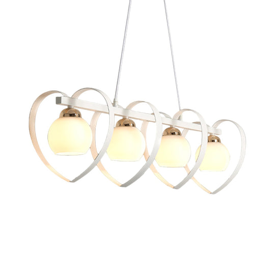 Contemporary Opal Glass Island Lighting - 3/4 Lights White/Black Hanging Ceiling Lamp With Heart