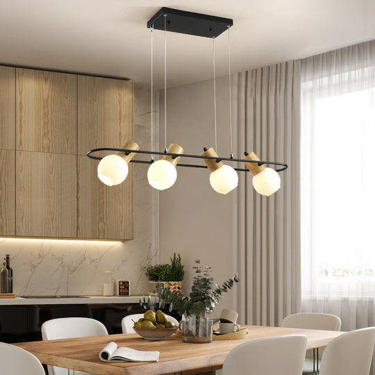 Black Orb Island Pendant Light Modern 3/4-Light Frosted Glass Hanging Lamp Kit With Rectangle Ring