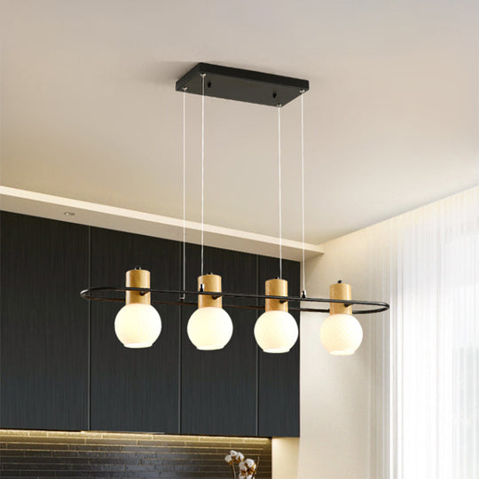 Black Orb Island Pendant Light Modern 3/4-Light Frosted Glass Hanging Lamp Kit With Rectangle Ring