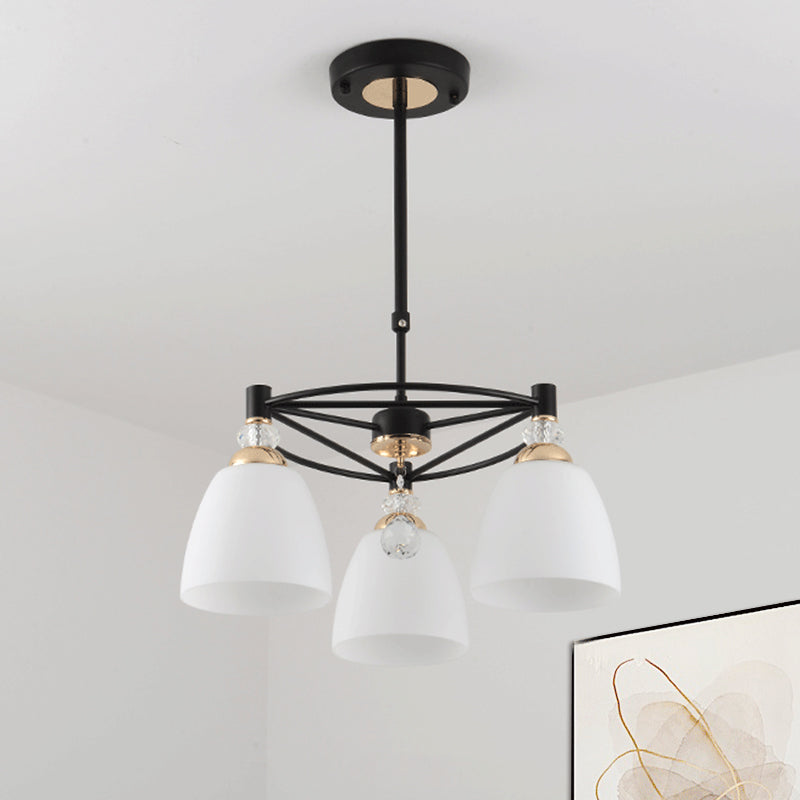 Contemporary Black Chandelier With Cream Glass And Crystal Droplets - 3/6 Lights For Living Room