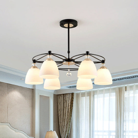 Modern Cup Shape Chandelier Cream Glass Ceiling Lamp with Crystal Droplet - Black