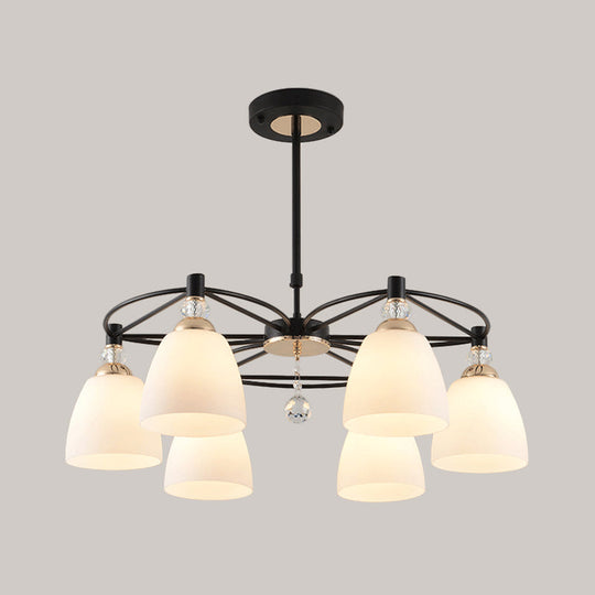 Modern Cup Shape Chandelier Cream Glass Ceiling Lamp with Crystal Droplet - Black