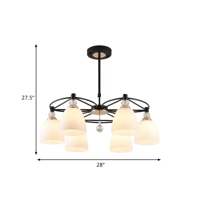 Modern Cup Shape Chandelier Cream Glass Ceiling Lamp with Crystal Droplet - Black