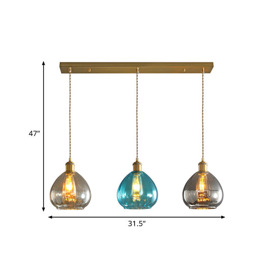 Vintage Glass Onion Multi Ceiling Light Pendant Lamp In Tan-Blue-Grey With Brass Fixture