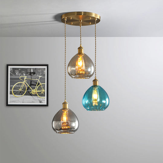 Vintage Glass Onion Multi Ceiling Light Pendant in Brass with Linear/Round Canopy - Tan-Blue-Grey, 3-Bulb Fixture