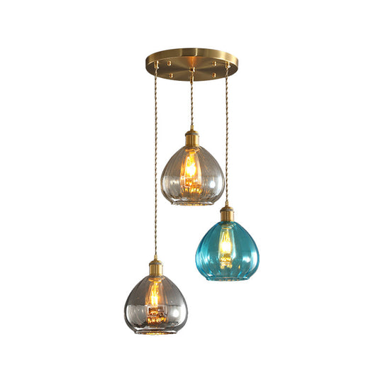 Vintage Glass Onion Multi Ceiling Light Pendant in Brass with Linear/Round Canopy - Tan-Blue-Grey, 3-Bulb Fixture