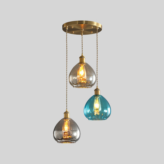 Vintage Glass Onion Multi Ceiling Light Pendant Lamp In Tan-Blue-Grey With Brass Fixture