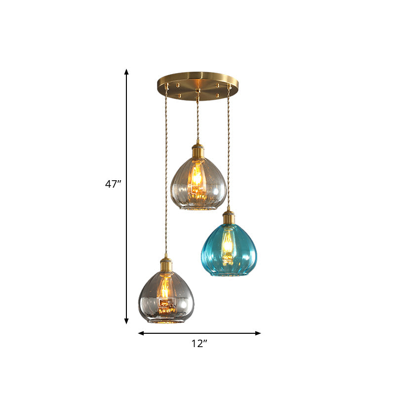 Vintage Glass Onion Multi Ceiling Light Pendant in Brass with Linear/Round Canopy - Tan-Blue-Grey, 3-Bulb Fixture