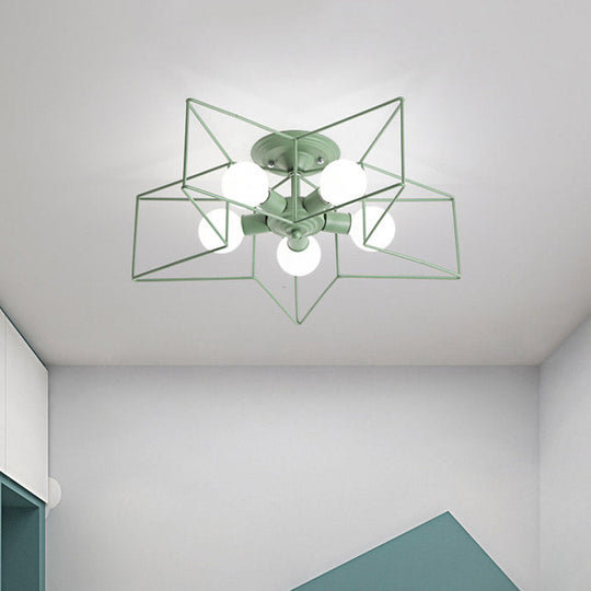 Pentacle Frame Iron Flush Mount Light - 5-Bulb Semi Ceiling For Kids Room (Pink/Grey/Blue) Green