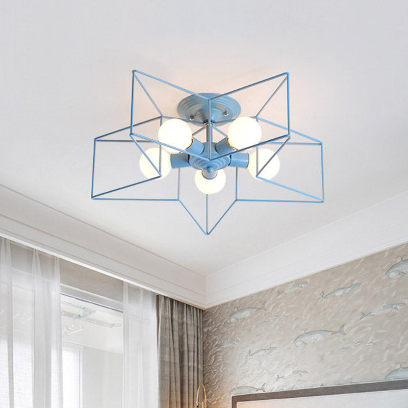 Pentacle Frame Iron Flush Mount Light - 5-Bulb Semi Flush Ceiling Light for Kids' Room (Pink/Grey/Blue)