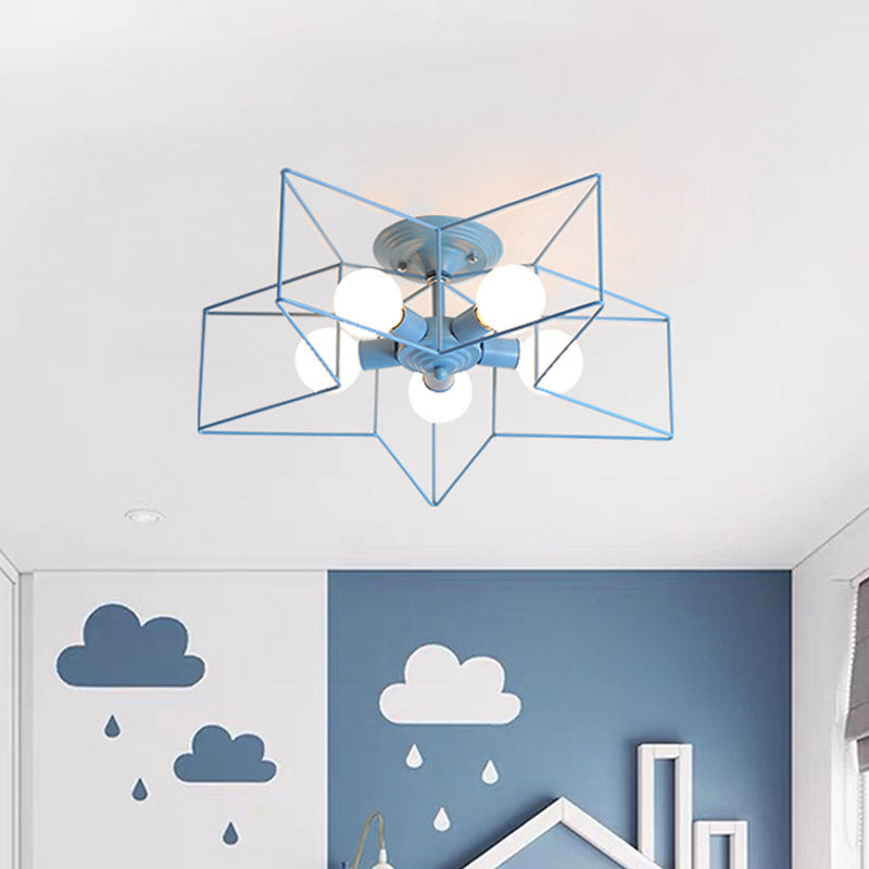 Pentacle Frame Iron Flush Mount Light - 5-Bulb Semi Flush Ceiling Light for Kids' Room (Pink/Grey/Blue)