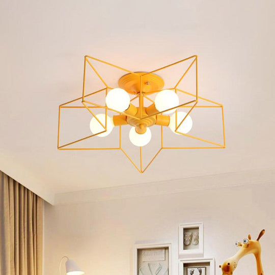 Pentacle Frame Iron Flush Mount Light - 5-Bulb Semi Ceiling For Kids Room (Pink/Grey/Blue) Yellow