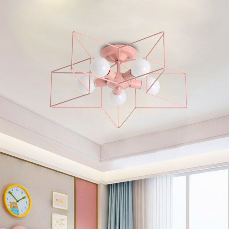 Pentacle Frame Iron Flush Mount Light - 5-Bulb Semi Flush Ceiling Light for Kids' Room (Pink/Grey/Blue)