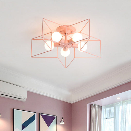 Pentacle Frame Iron Flush Mount Light - 5-Bulb Semi Flush Ceiling Light for Kids' Room (Pink/Grey/Blue)