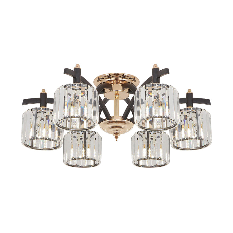 Modern Black & Gold Cylinder Crystal Block Semi Flush Light - Bedroom Ceiling Lamp (3/6 Heads)