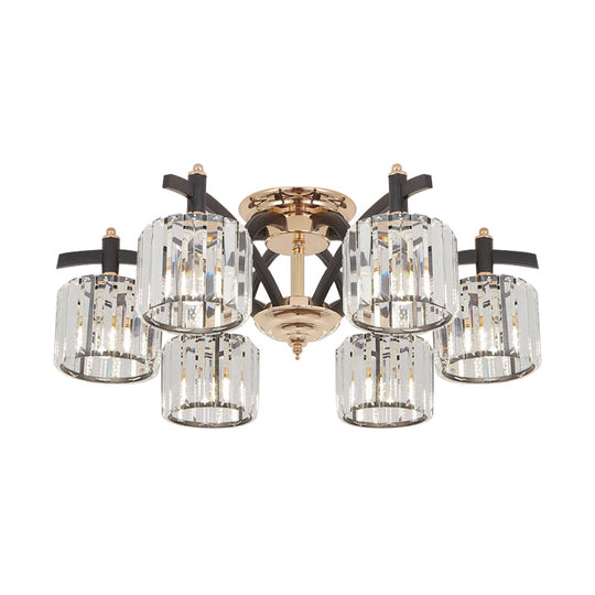 Modern Black & Gold Cylinder Crystal Block Semi Flush Light - Bedroom Ceiling Lamp (3/6 Heads)