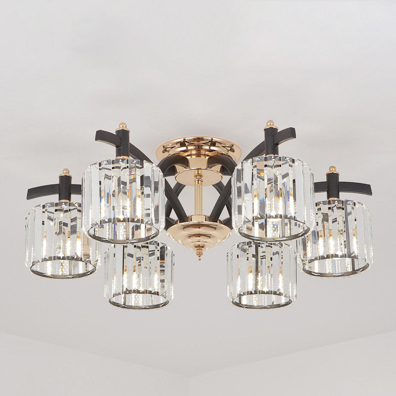 Modern Black & Gold Cylinder Crystal Block Semi Flush Light - Bedroom Ceiling Lamp (3/6 Heads)