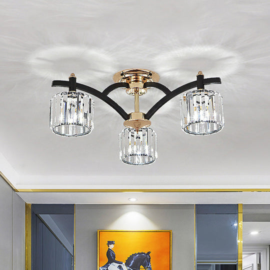 Modern Black & Gold Cylinder Crystal Block Semi Flush Light - Bedroom Ceiling Lamp (3/6 Heads)