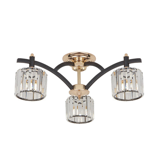 Modern Black & Gold Cylinder Crystal Block Semi Flush Light - Bedroom Ceiling Lamp (3/6 Heads)