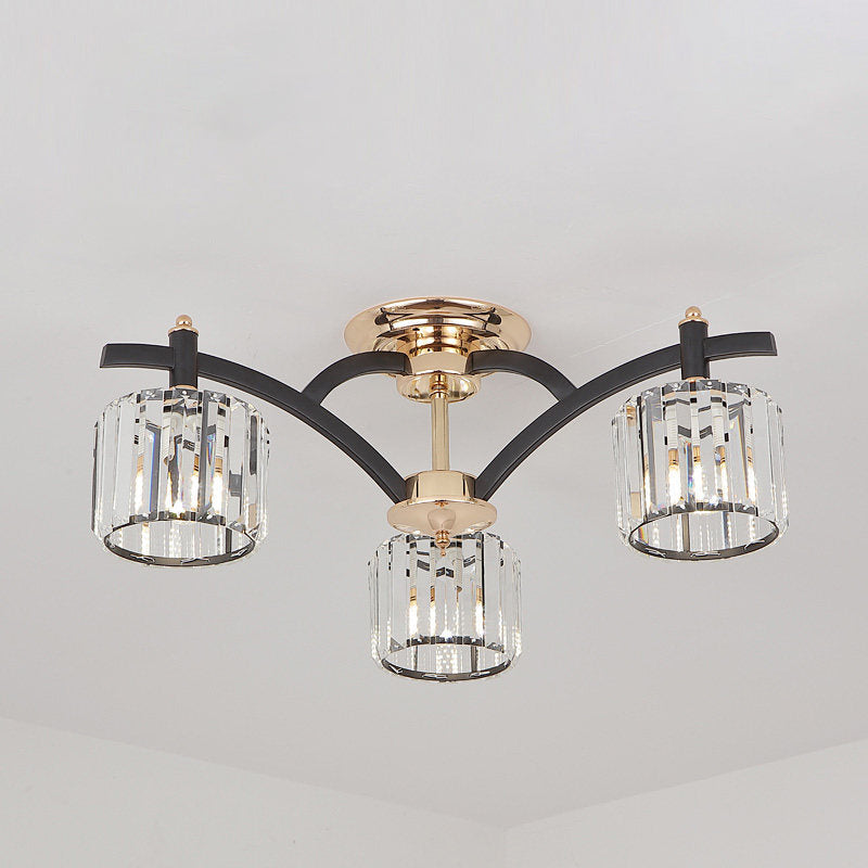 Modern Black & Gold Cylinder Crystal Block Semi Flush Light - Bedroom Ceiling Lamp (3/6 Heads)