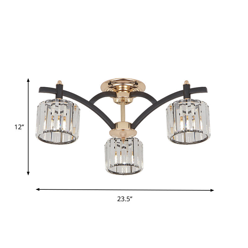 Modern Black & Gold Cylinder Crystal Block Semi Flush Light - Bedroom Ceiling Lamp (3/6 Heads)