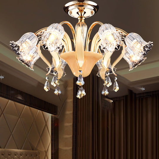 Contemporary Crystal 8-Head Gold Flower Bedroom Ceiling Lamp