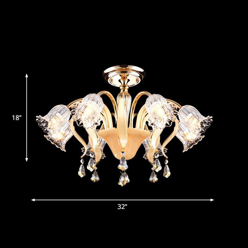 Contemporary Crystal 8-Head Gold Flower Bedroom Ceiling Lamp