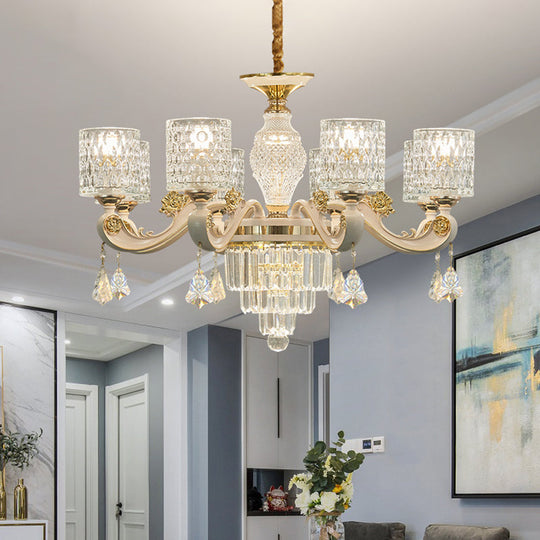 Modern Gold Cylinder Crystal Pendant Chandelier - 6/8-Light Dining Room Lamp Fixture