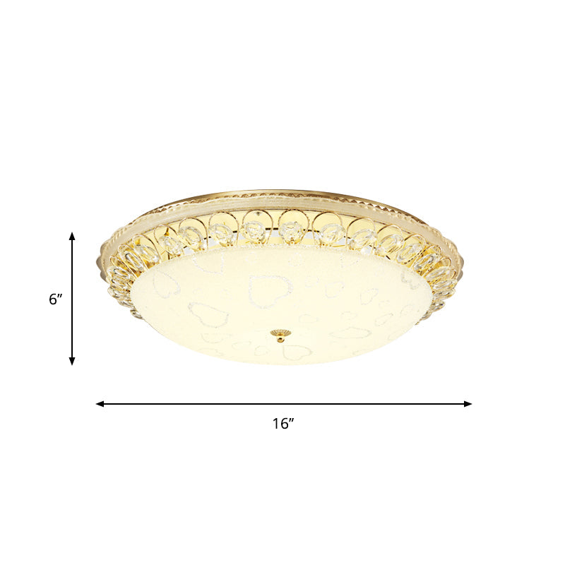 Frosted Glass Gold Ceiling Lamp - Domed Led Flush Light With Crystal Accent (16/19.5 Wide)