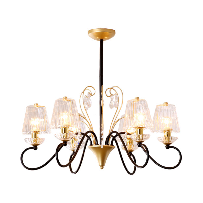 Contemporary Crystal Pendant Chandelier With Ribbed Cone Shades And Swirl Arm In Black-Gold/Gold -