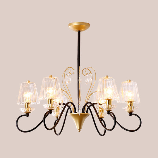 Contemporary Crystal Pendant Chandelier With Ribbed Cone Shades And Swirl Arm In Black-Gold/Gold -