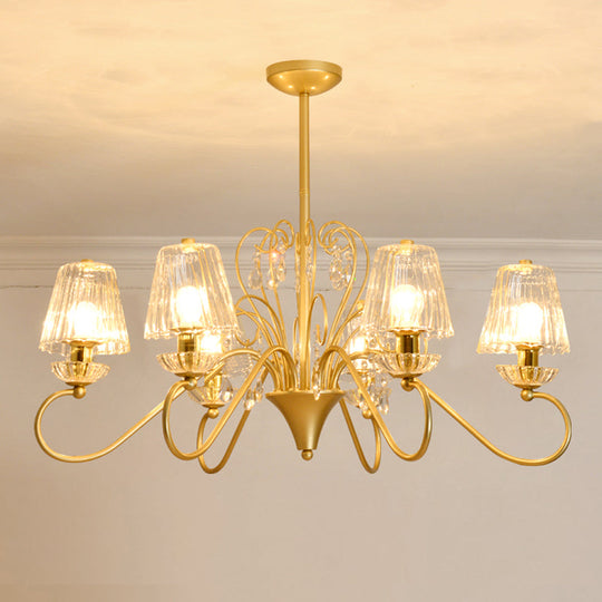 Contemporary Crystal Pendant Chandelier With Ribbed Cone Shades And Swirl Arm In Black-Gold/Gold -