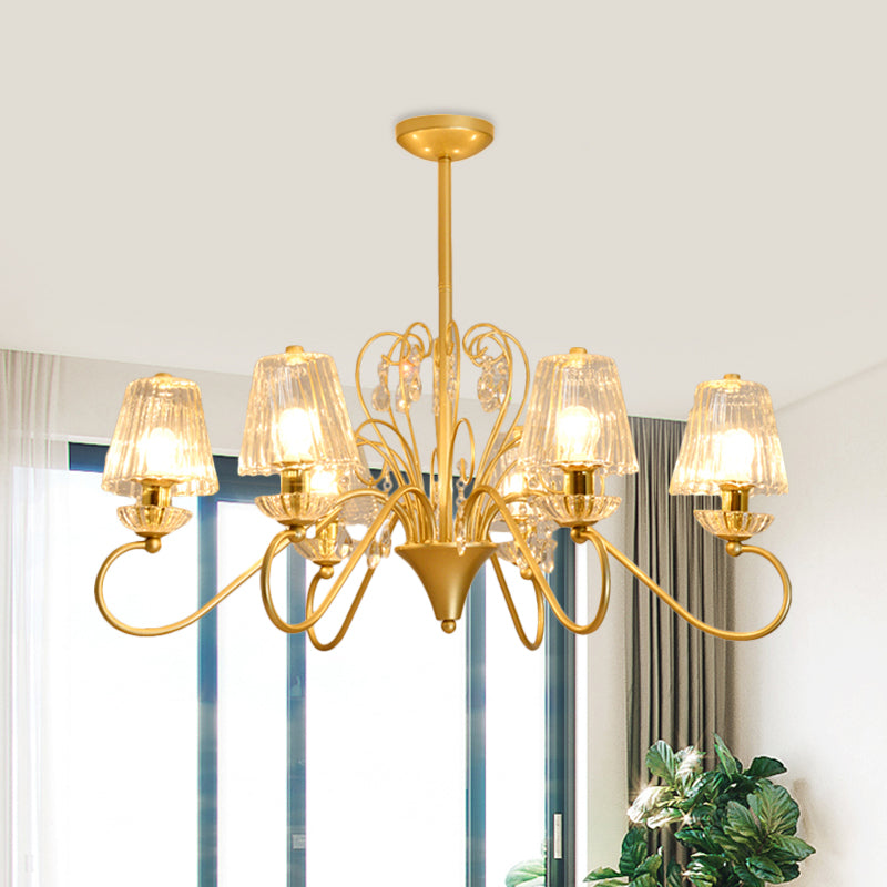 Contemporary Crystal Pendant Chandelier With Ribbed Cone Shades And Swirl Arm In Black-Gold/Gold -