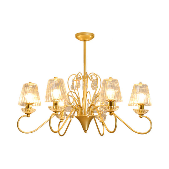 Contemporary Crystal Pendant Chandelier With Ribbed Cone Shades And Swirl Arm In Black-Gold/Gold -