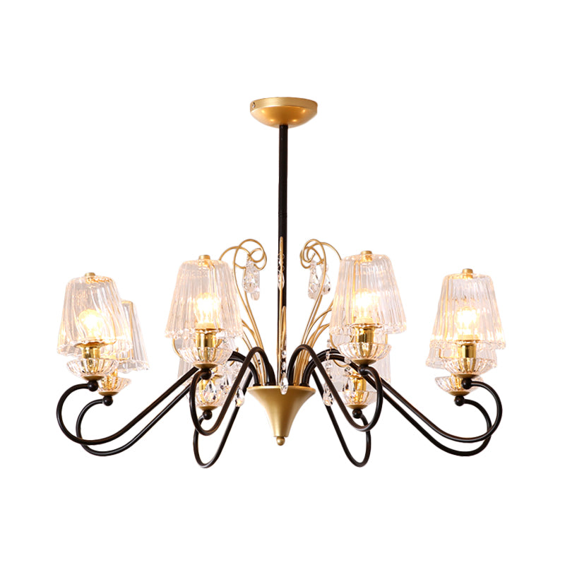 Contemporary Crystal Pendant Chandelier With Ribbed Cone Shades And Swirl Arm In Black-Gold/Gold -