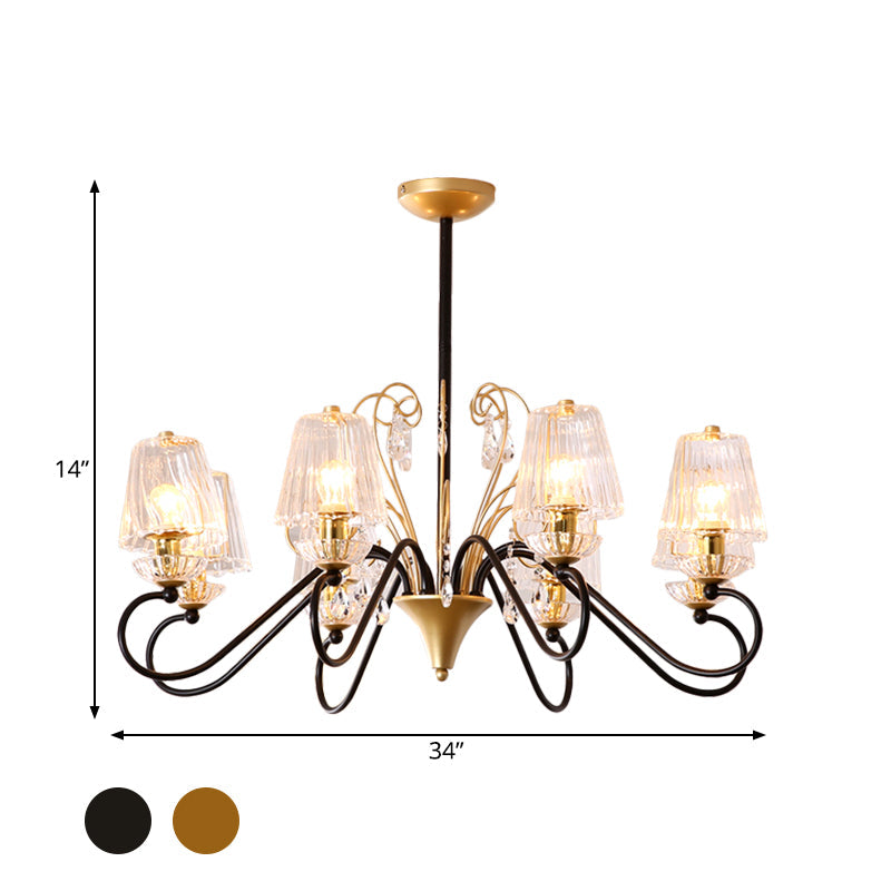 Contemporary Crystal Pendant Chandelier With Ribbed Cone Shades And Swirl Arm In Black-Gold/Gold -