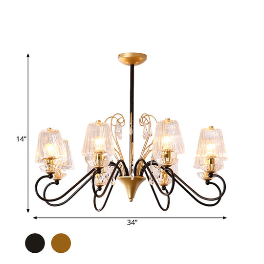 Contemporary Crystal Pendant Chandelier With Ribbed Cone Shades And Swirl Arm In Black-Gold/Gold -