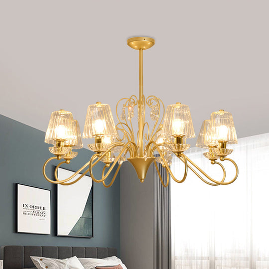 Contemporary Crystal Pendant Chandelier With Ribbed Cone Shades And Swirl Arm In Black-Gold/Gold -