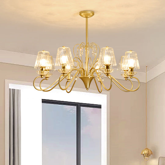 Contemporary Crystal Pendant Chandelier With Ribbed Cone Shades And Swirl Arm In Black-Gold/Gold -